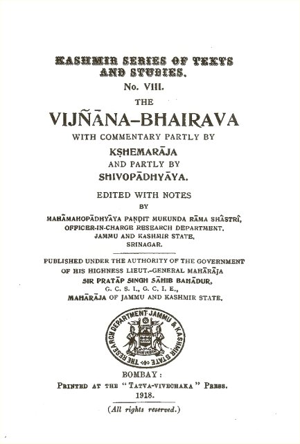 Mukunda Rāma Shâstrî (Herausgeber): Vijñāna-Bhairava