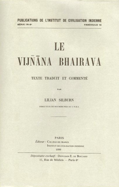 Lilian Silburn: Le Vijñāna Bhairava